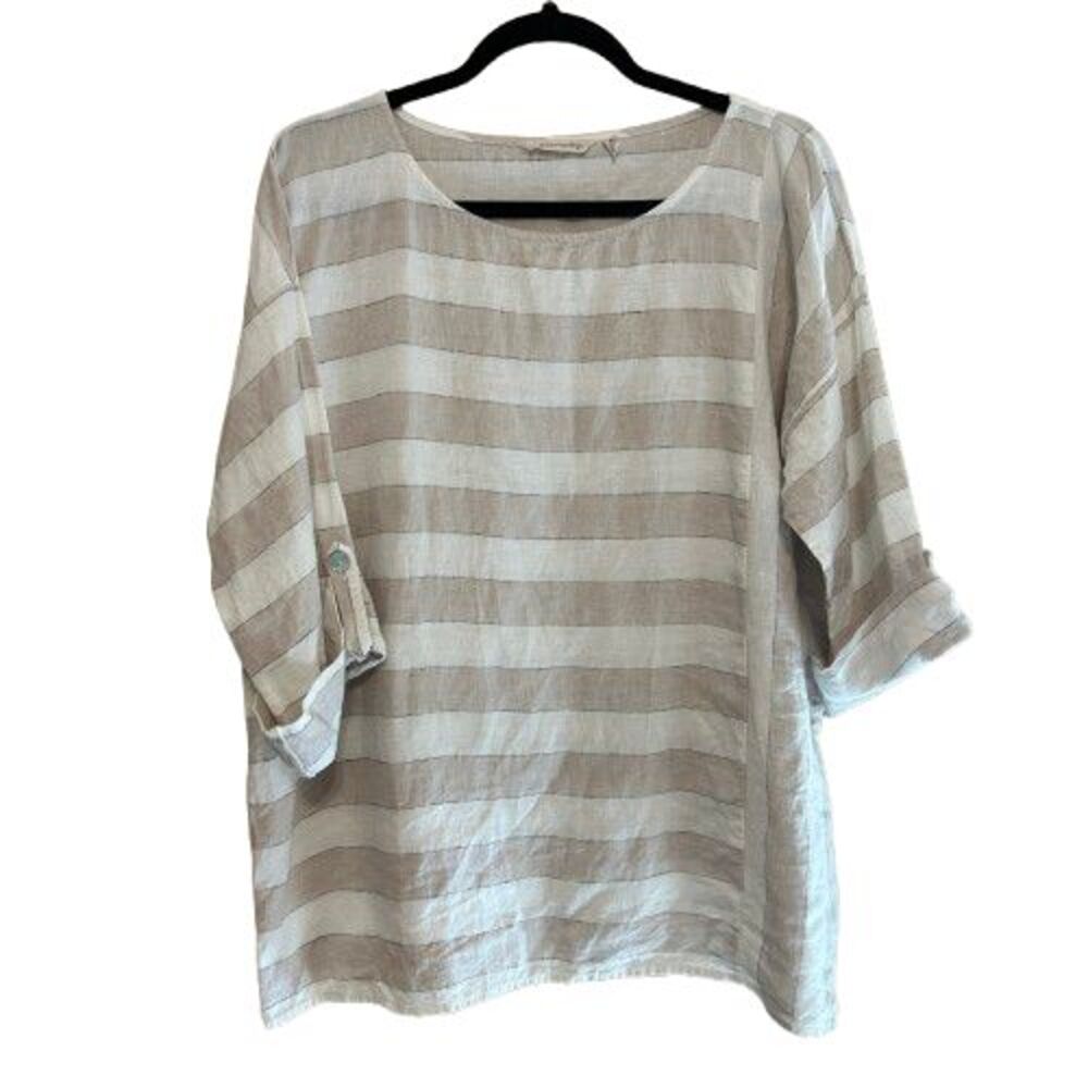 Soft Surroundings Linen Tunic Top Size LP Large Petite Blouse Beige Cream Stripe